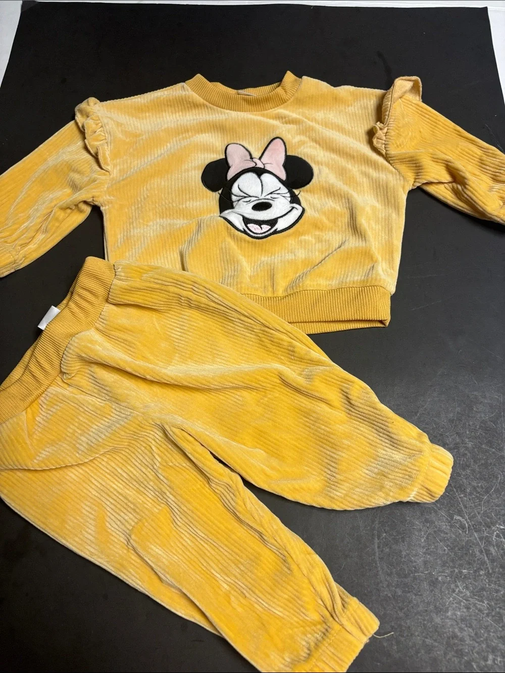 Disney Girls Yellow Minnie Mouse Corduroy Pajama Set with Bow Accent